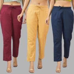 Combo of 3 Women Trouser Pants Cotton Flax Wine Beige and Navy Blue-11646