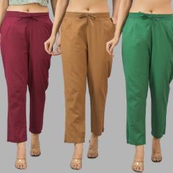 Combo of 3 Women Trouser Pants Cotton Flax Wine Brown and Bottle Green-11655