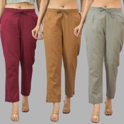 Combo of 3 Women Trouser Pants Cotton Flax Wine Brown and Gray-11653