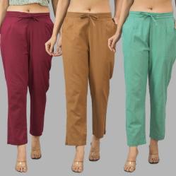 Combo of 3 Women Trouser Pants Cotton Flax Wine Brown and Green-11652