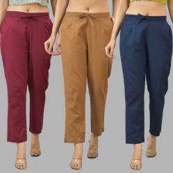Combo of 3 Women Trouser Pants Cotton Flax Wine Brown and Navy Blue-11651