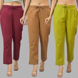 Combo of 3 Women Trouser Pants Cotton Flax Wine Brown and Olive Green-11654