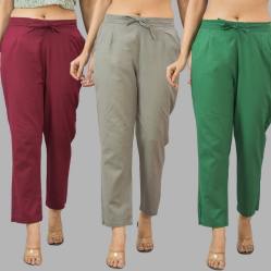 Combo of 3 Women Trouser Pants Cotton Flax Wine Gray and Bottle Green-11664
