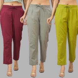 Combo of 3 Women Trouser Pants Cotton Flax Wine Gray and Olive Green-11663