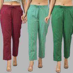 Combo of 3 Women Trouser Pants Cotton Flax Wine Green and Bottle Green-11662