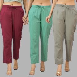Combo of 3 Women Trouser Pants Cotton Flax Wine Green and Gray-11660