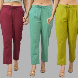 Combo of 3 Women Trouser Pants Cotton Flax Wine Green and Olive Green-11661