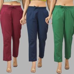 Combo of 3 Women Trouser Pants Cotton Flax Wine Navy Blue and Bottle Green-11659