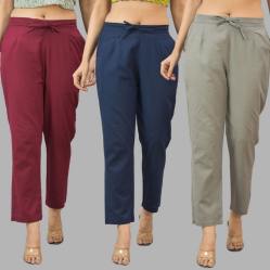 Combo of 3 Women Trouser Pants Cotton Flax Wine Navy Blue and Gray-11657
