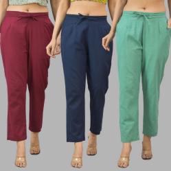Combo of 3 Women Trouser Pants Cotton Flax Wine Navy Blue and Green-11656
