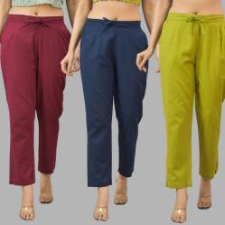 Combo of 3 Women Trouser Pants Cotton Flax Wine Navy Blue and Olive Green-11658