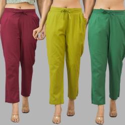 Combo of 3 Women Trouser Pants Cotton Flax Wine Olive Green and Bottle Green-11665