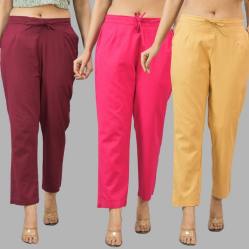 Combo of 3 Women Trouser Pants Cotton Flax Wine Pink and Beige-11638