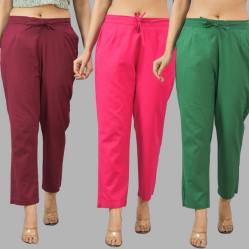 Combo of 3 Women Trouser Pants Cotton Flax Wine Pink and Bottle Green-11644
