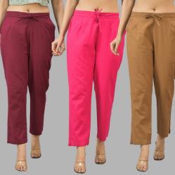 Combo of 3 Women Trouser Pants Cotton Flax Wine Pink and Brown-11639
