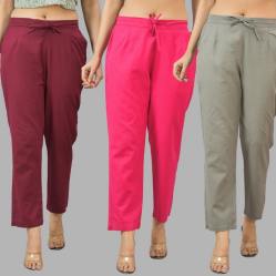 Combo of 3 Women Trouser Pants Cotton Flax Wine Pink and Gray-11642