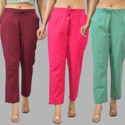 Combo of 3 Women Trouser Pants Cotton Flax Wine Pink and Green-11641
