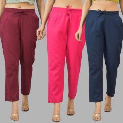Combo of 3 Women Trouser Pants Cotton Flax Wine Pink and Navy Blue-11640