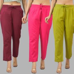 Combo of 3 Women Trouser Pants Cotton Flax Wine Pink and Olive Green-11643