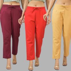 Combo of 3 Women Trouser Pants Cotton Flax Wine Red and Beige-11614
