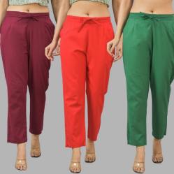 Combo of 3 Women Trouser Pants Cotton Flax Wine Red and Bottle Green-11620