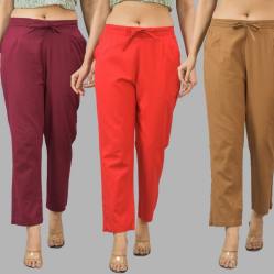 Combo of 3 Women Trouser Pants Cotton Flax Wine Red and Brown-11615