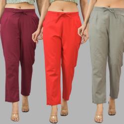 Combo of 3 Women Trouser Pants Cotton Flax Wine Red and Gray-11618