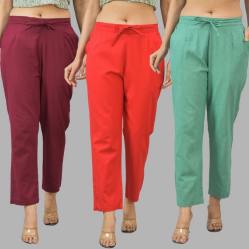 Combo of 3 Women Trouser Pants Cotton Flax Wine Red and Green-11617