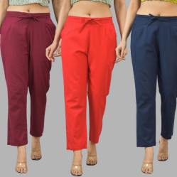Combo of 3 Women Trouser Pants Cotton Flax Wine Red and Navy Blue-11616