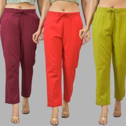 Combo of 3 Women Trouser Pants Cotton Flax Wine Red and Olive Green-11619