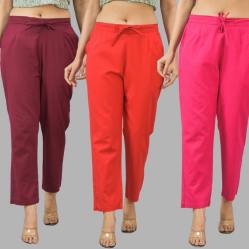 Combo of 3 Women Trouser Pants Cotton Flax Wine Red and Pink-11613