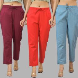 Combo of 3 Women Trouser Pants Cotton Flax Wine Red and Sky Blue-11612
