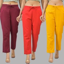 Combo of 3 Women Trouser Pants Cotton Flax Wine Red and Yellow-11611