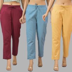 Combo of 3 Women Trouser Pants Cotton Flax Wine Sky Blue and Beige-11631