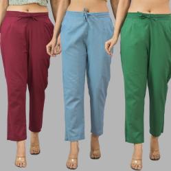 Combo of 3 Women Trouser Pants Cotton Flax Wine Sky Blue and Bottle Green-11637