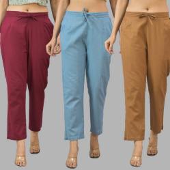 Combo of 3 Women Trouser Pants Cotton Flax Wine Sky Blue and Brown-11632