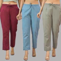 Combo of 3 Women Trouser Pants Cotton Flax Wine Sky Blue and Gray-11635