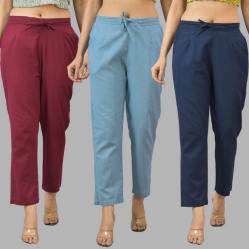 Combo of 3 Women Trouser Pants Cotton Flax Wine Sky Blue and Navy Blue-11633