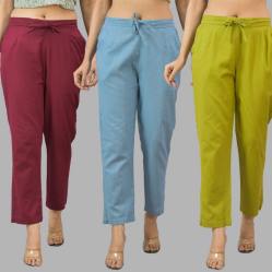 Combo of 3 Women Trouser Pants Cotton Flax Wine Sky Blue and Olive Green-11636