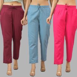 Combo of 3 Women Trouser Pants Cotton Flax Wine Sky Blue and Pink-11630