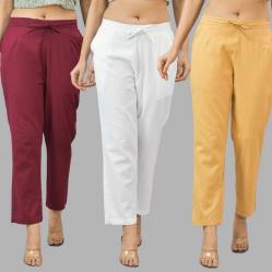 Combo of 3 Women Trouser Pants Cotton Flax Wine White and Beige-11604