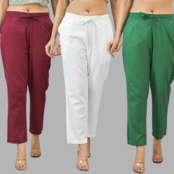 Combo of 3 Women Trouser Pants Cotton Flax Wine White and Bottle Green-11610