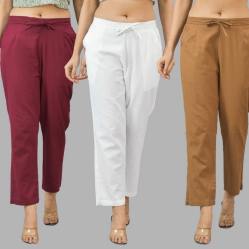 Combo of 3 Women Trouser Pants Cotton Flax Wine White and Brown-11605