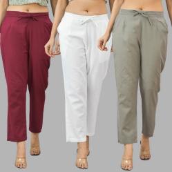 Combo of 3 Women Trouser Pants Cotton Flax Wine White and Gray-11608