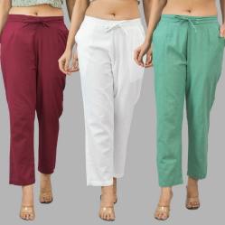 Combo of 3 Women Trouser Pants Cotton Flax Wine White and Green-11607