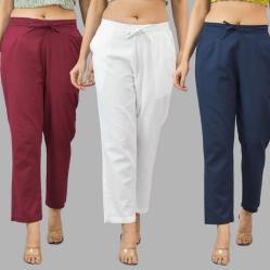 Combo of 3 Women Trouser Pants Cotton Flax Wine White and Navy Blue-11606