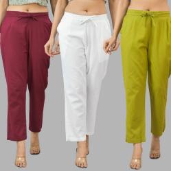 Combo of 3 Women Trouser Pants Cotton Flax Wine White and Olive Green-11609