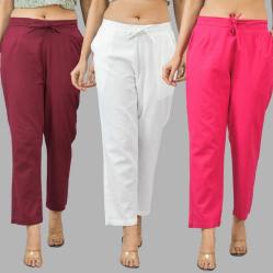Combo of 3 Women Trouser Pants Cotton Flax Wine White and Pink-11603