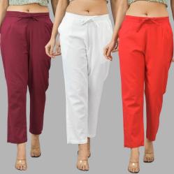 Combo of 3 Women Trouser Pants Cotton Flax Wine White and Red-11600
