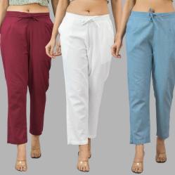 Combo of 3 Women Trouser Pants Cotton Flax Wine White and Sky Blue-11602